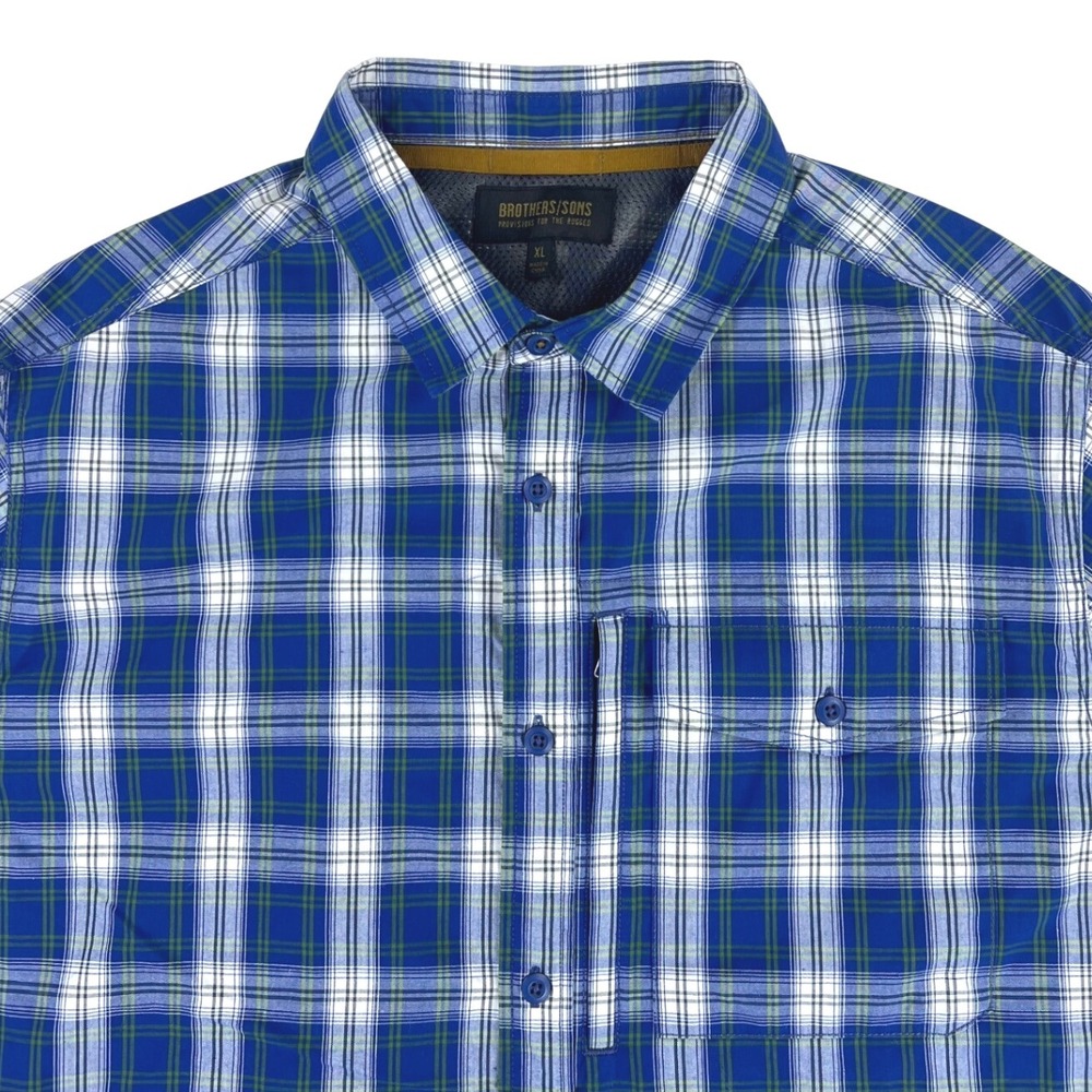 Brothers Sons Hiking Shirt Men XL Blue Plaid Short Sleeve Button Mesh Zip Pocket